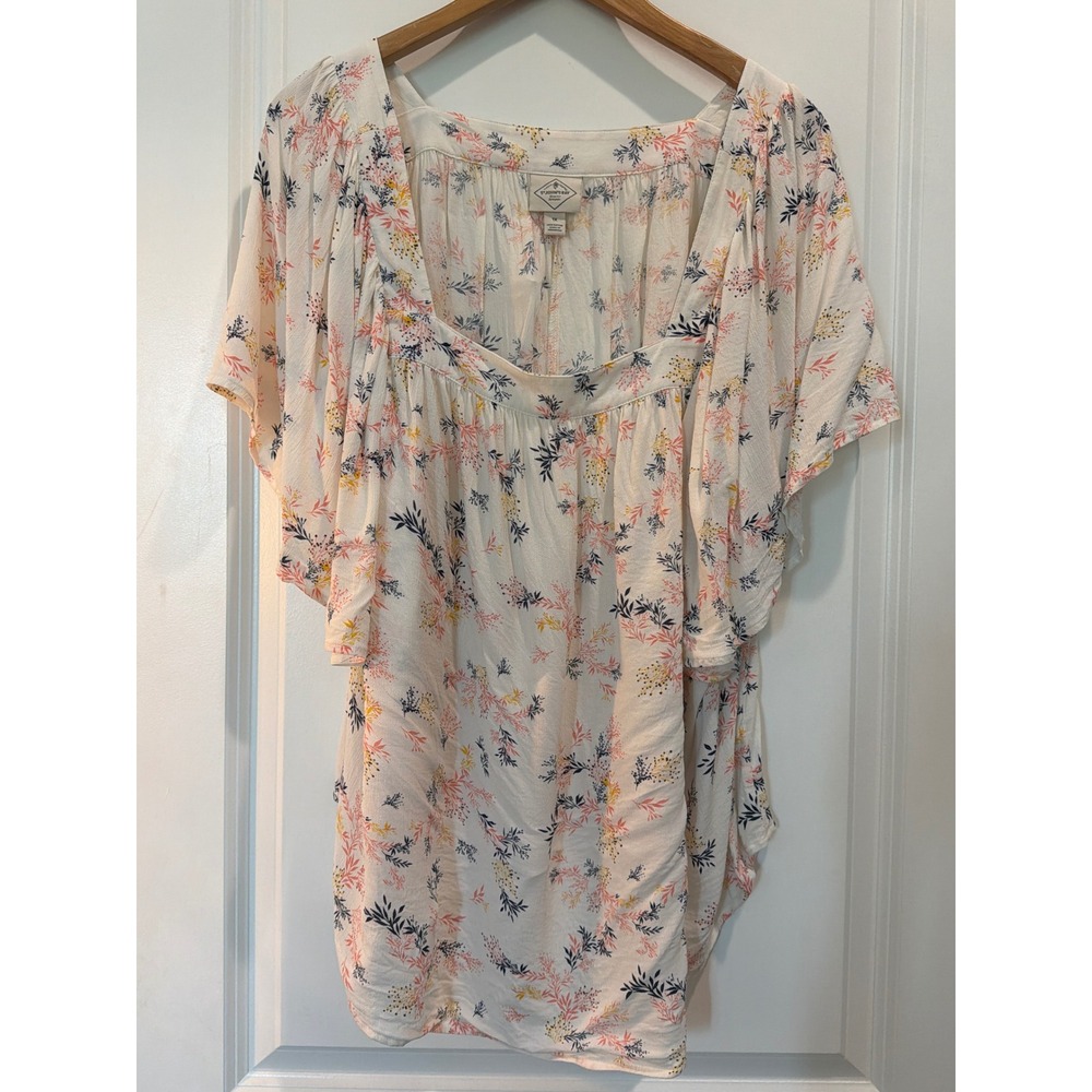 St Johns Bay Womens 1X Floral Square Neck Flutter Sleeve Rayon Blouse White
